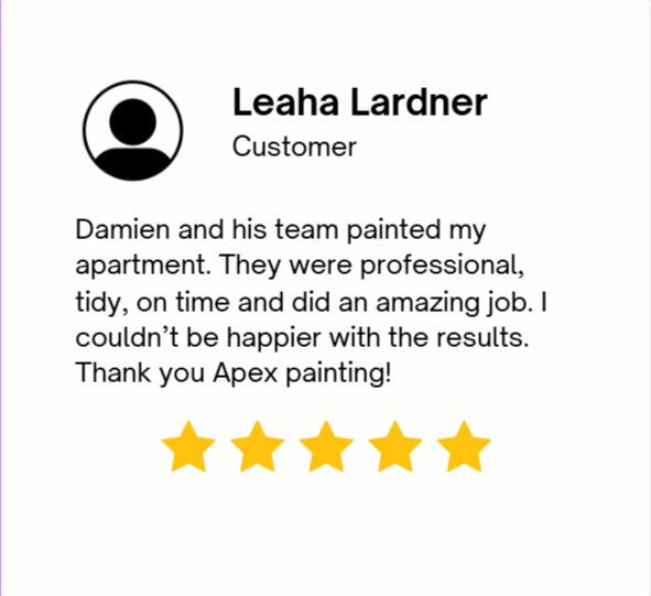 Damien and his team painted my apartment. They were professional, tidy, on time and did an amazing job. I couldn’t be happier with the results. Thank you Apex painting!